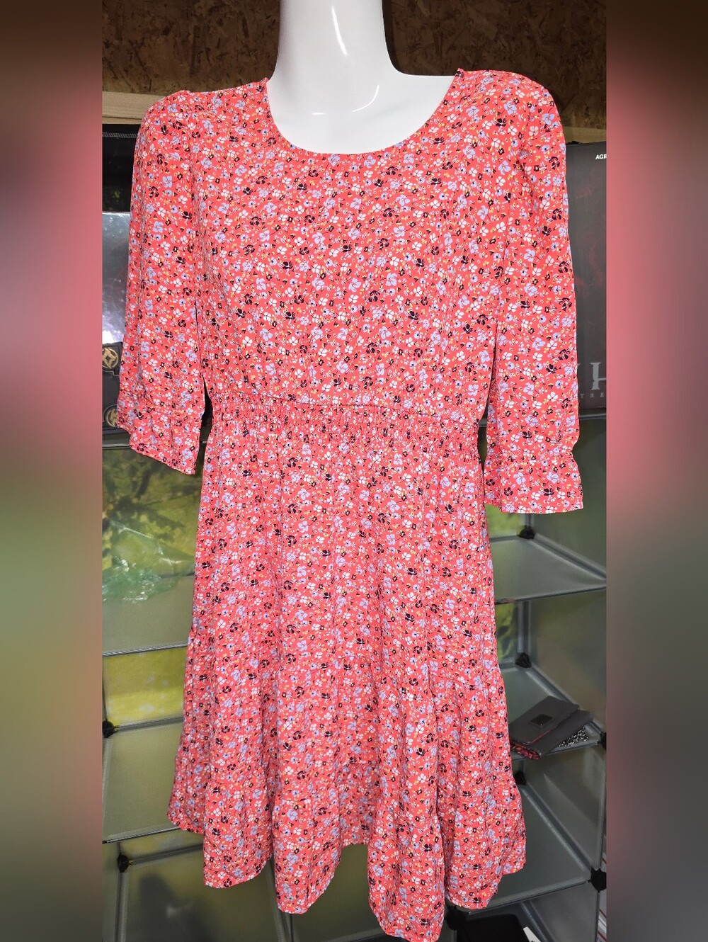 #78 wonder nation Coral Floral Blouse with Light Blue and Black Print